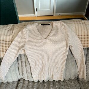 Cream V-Neck Cable Knit Sweater